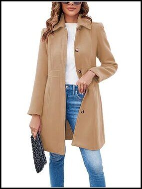 Women's Wool Blend Pea Coat, Long Sleeve Single Breasted Work Office Coat